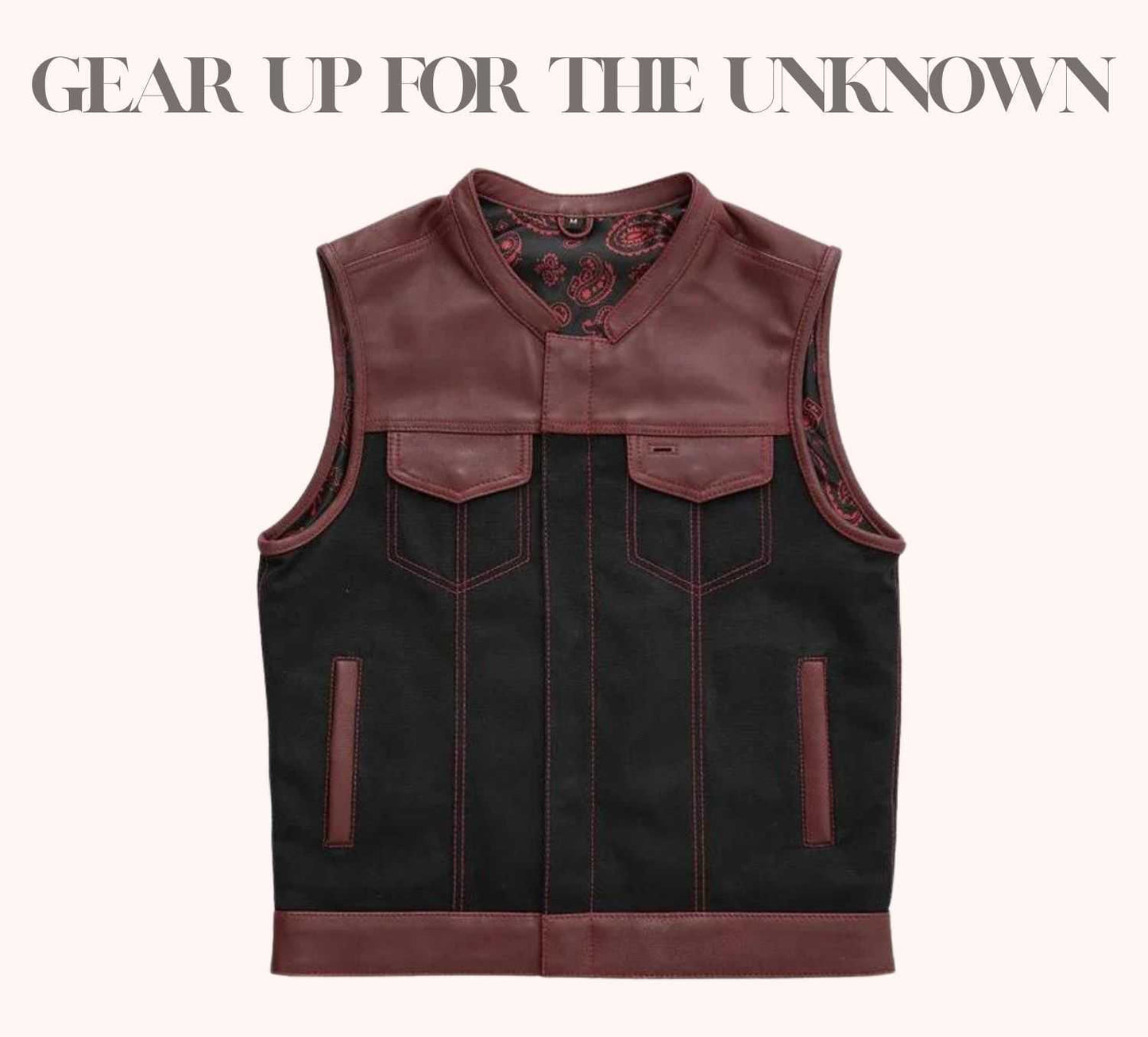 Oxblood leather and canvas vest with red paisley liner