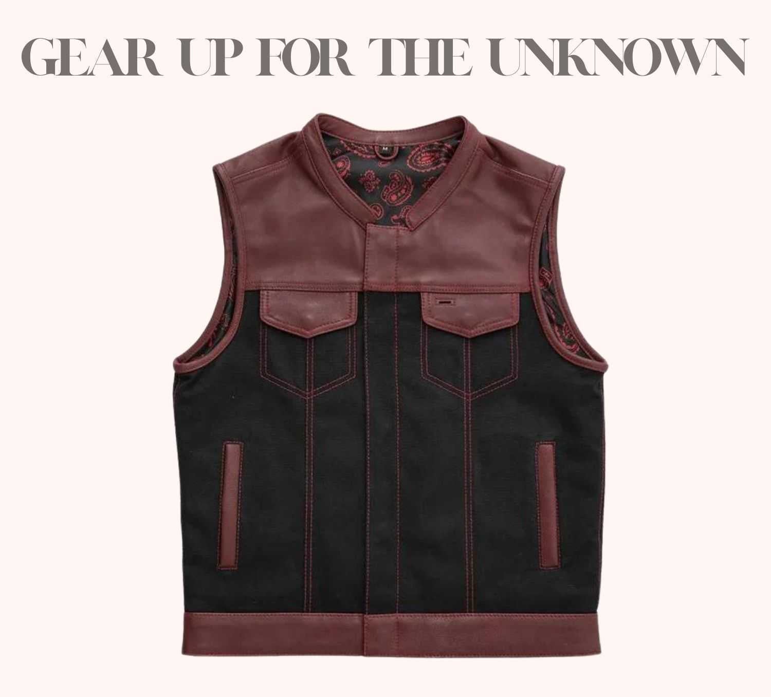 Oxblood leather and canvas vest with red paisley liner