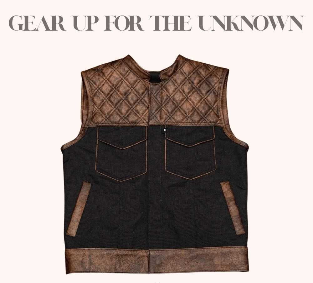 Grey canvas vest with quilted cowhide shoulders