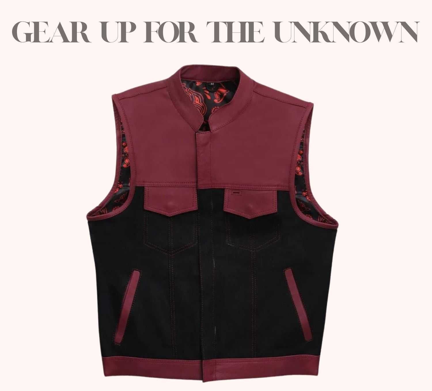 Canvas vest with oxblood leather accents