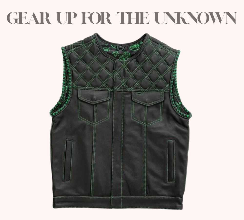 Leather vest with kelly green braided armholes
