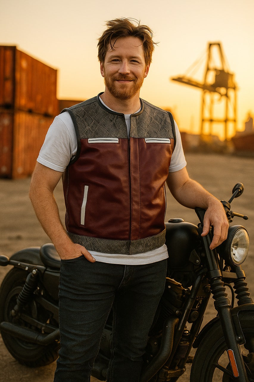 Men's Maroon Leather & Gray Python Skin Print Vest – Street Style Sleeveless Outerwear