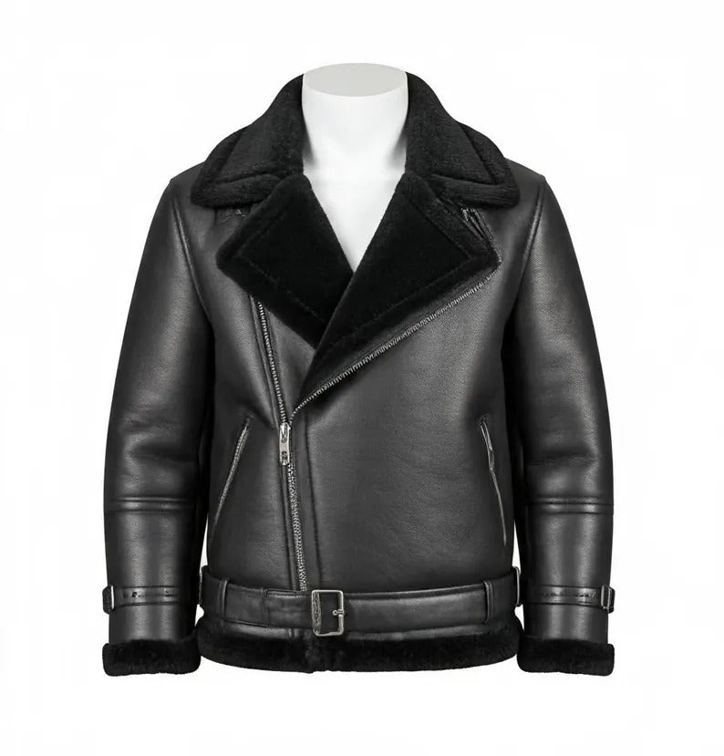 Handmade Black B3 Bomber Aviator Shearling Fur Jacket | Sheepskin Shearling Fur Flying pilot Winter Jacket | Men's RAF Real Leather Jacket