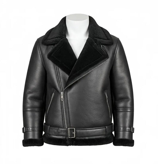 Handmade Black B3 Bomber Aviator Shearling Fur Jacket | Sheepskin Shearling Fur Flying pilot Winter Jacket | Men's RAF Real Leather Jacket