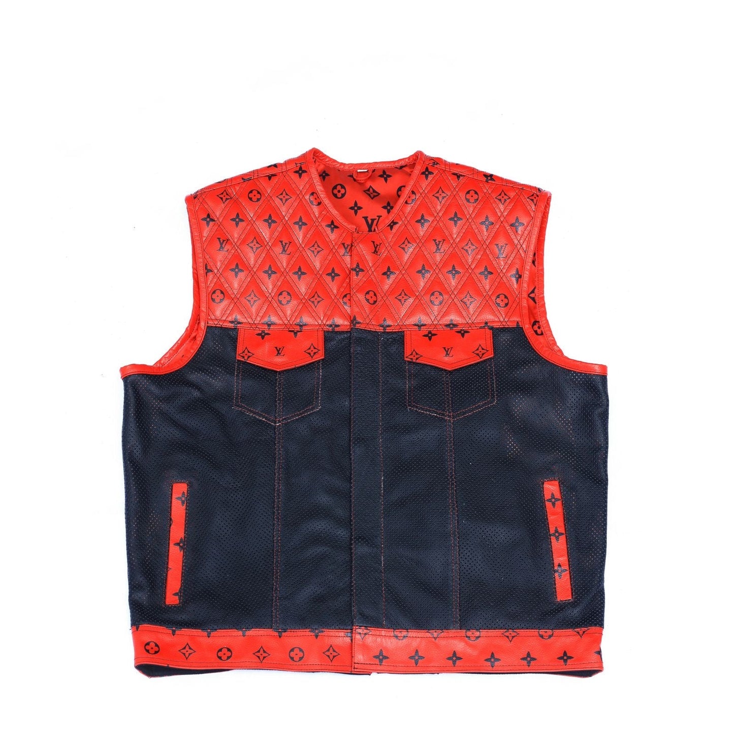 Lo*uis Vuit**n
 Red Leather Diamond Stitching with Black perforated Leather