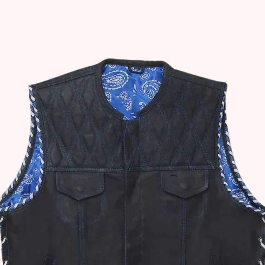 Blue leather motorcycle vest with conceal carry