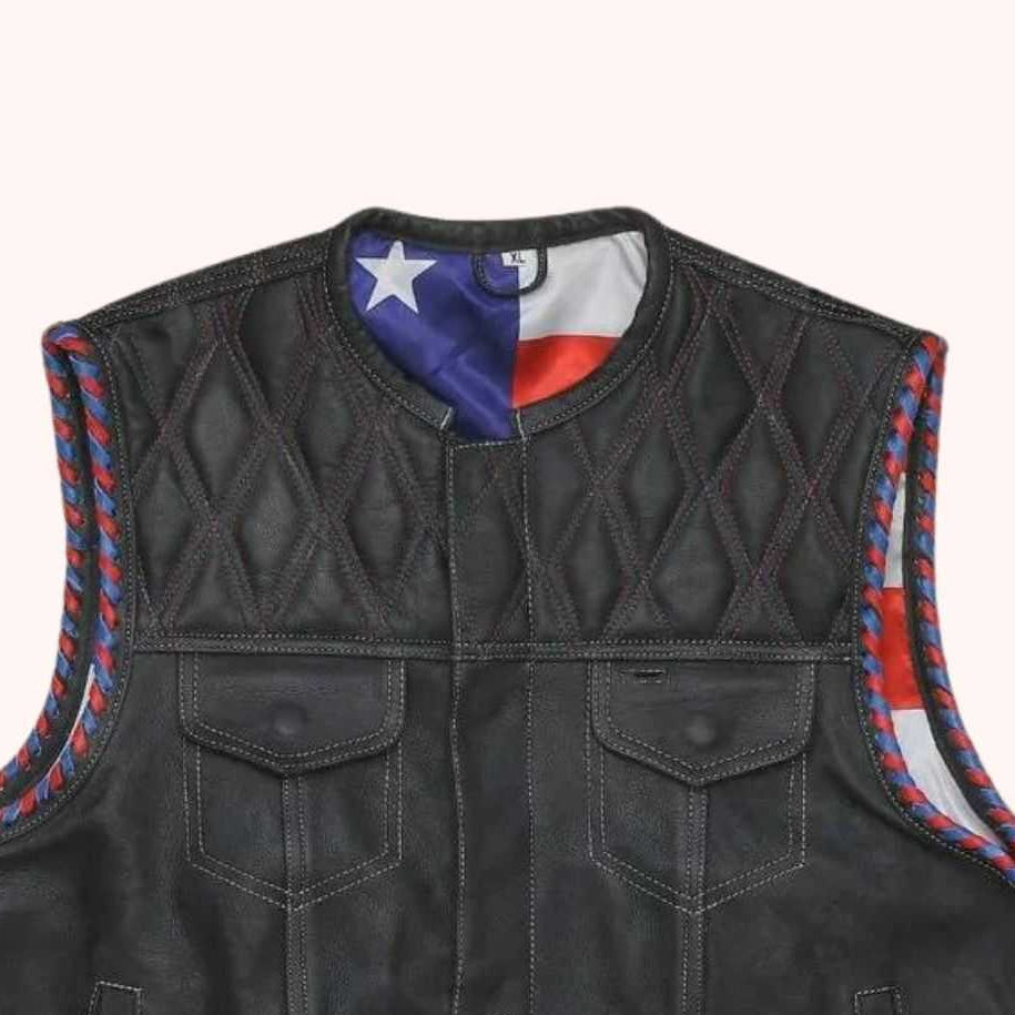 Patriotic leather motorcycle vest with conceal carry