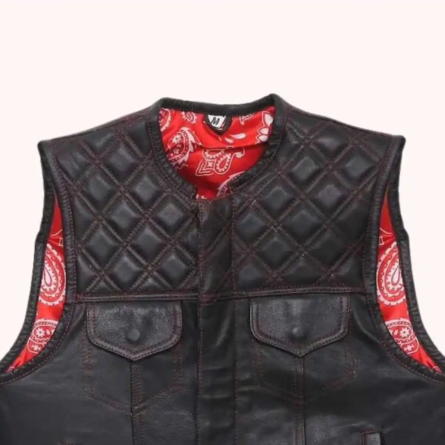 Leather motorcycle vest with red paisley liner