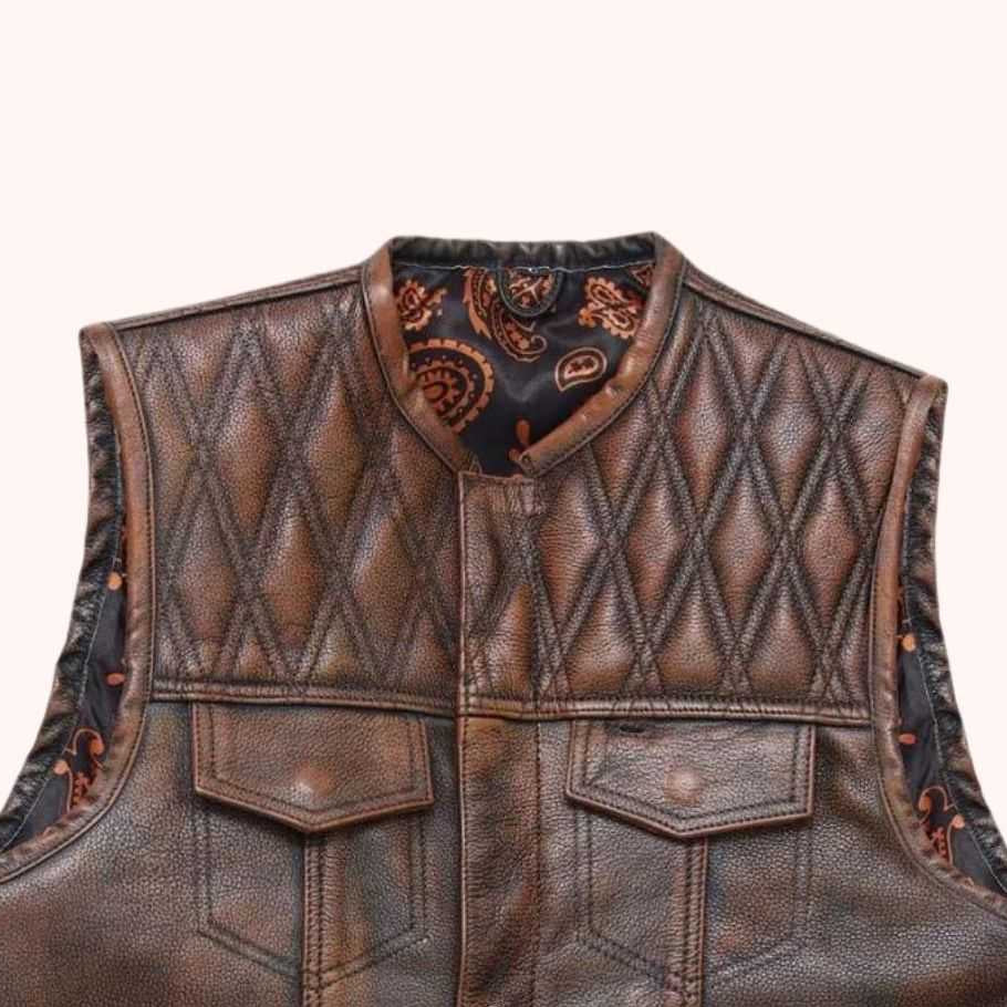 Washed leather vest with conceal-carry pockets