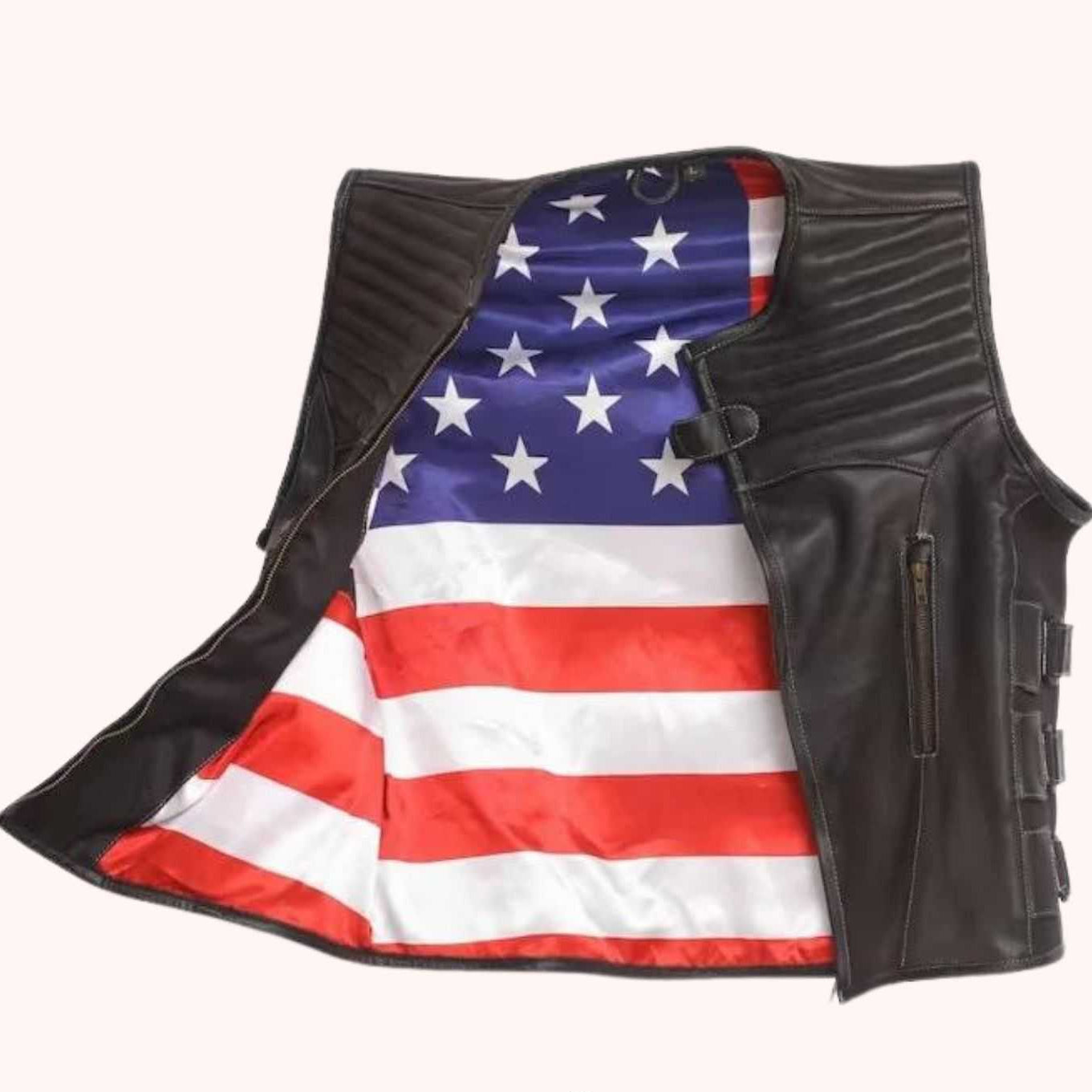 Black leather motorcycle vest with adjustable side straps