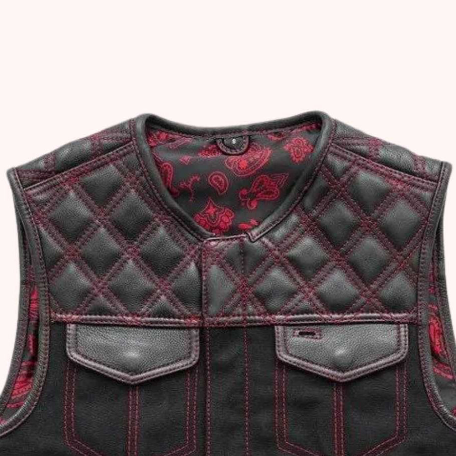 Leather denim vest with red paisley liner