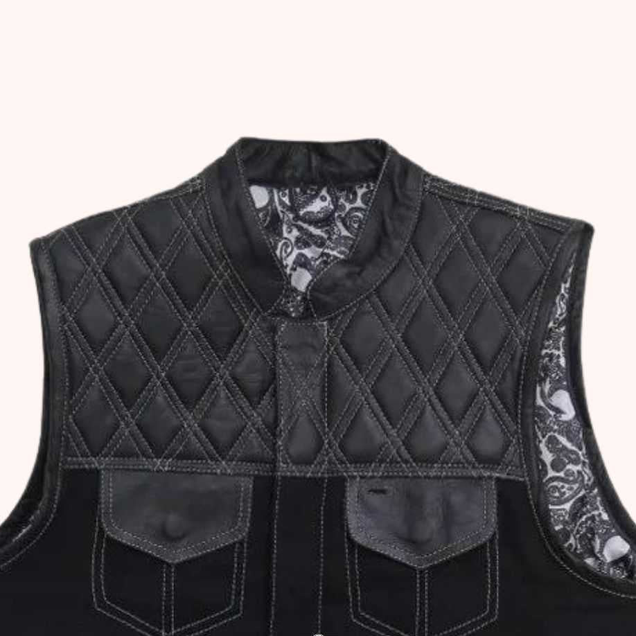 Black leather motorcycle vest with paisley liner