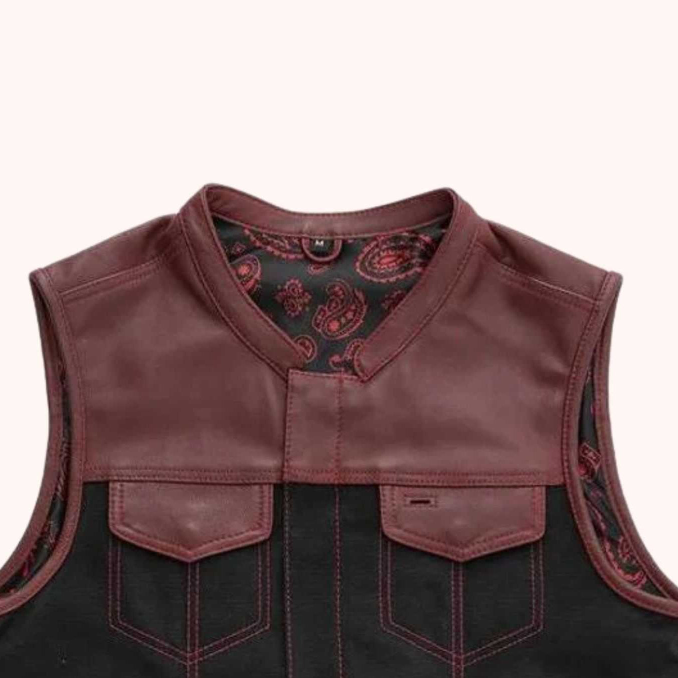Oxblood biker vest with conceal-carry pockets