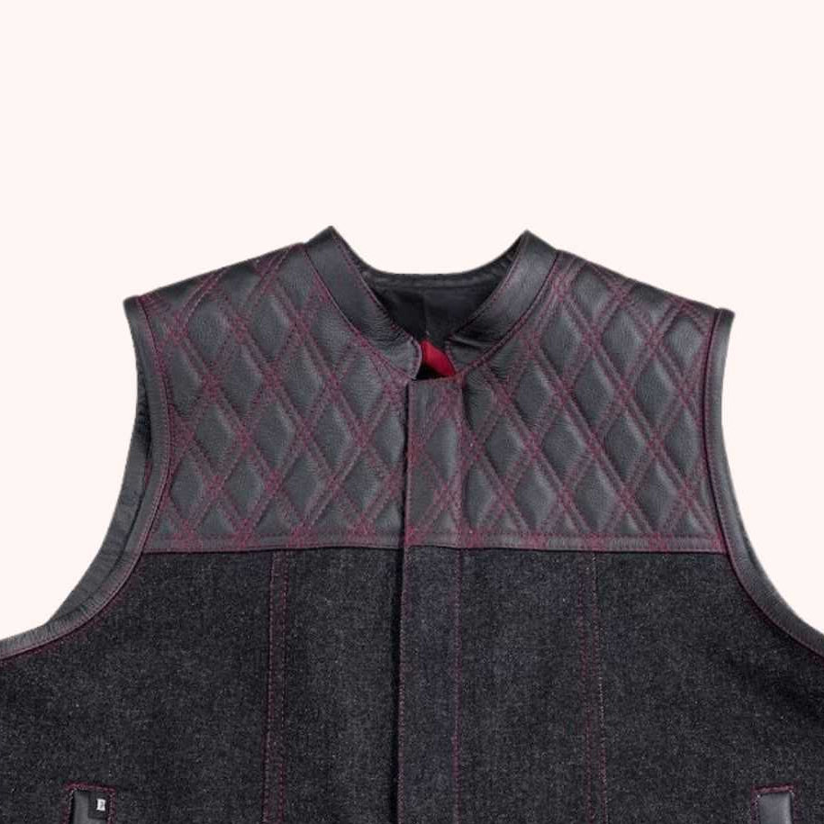 Black denim motorcycle vest with conceal carry
