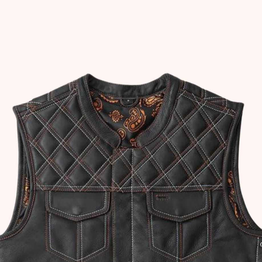 Distressed leather motorcycle vest with side lacing