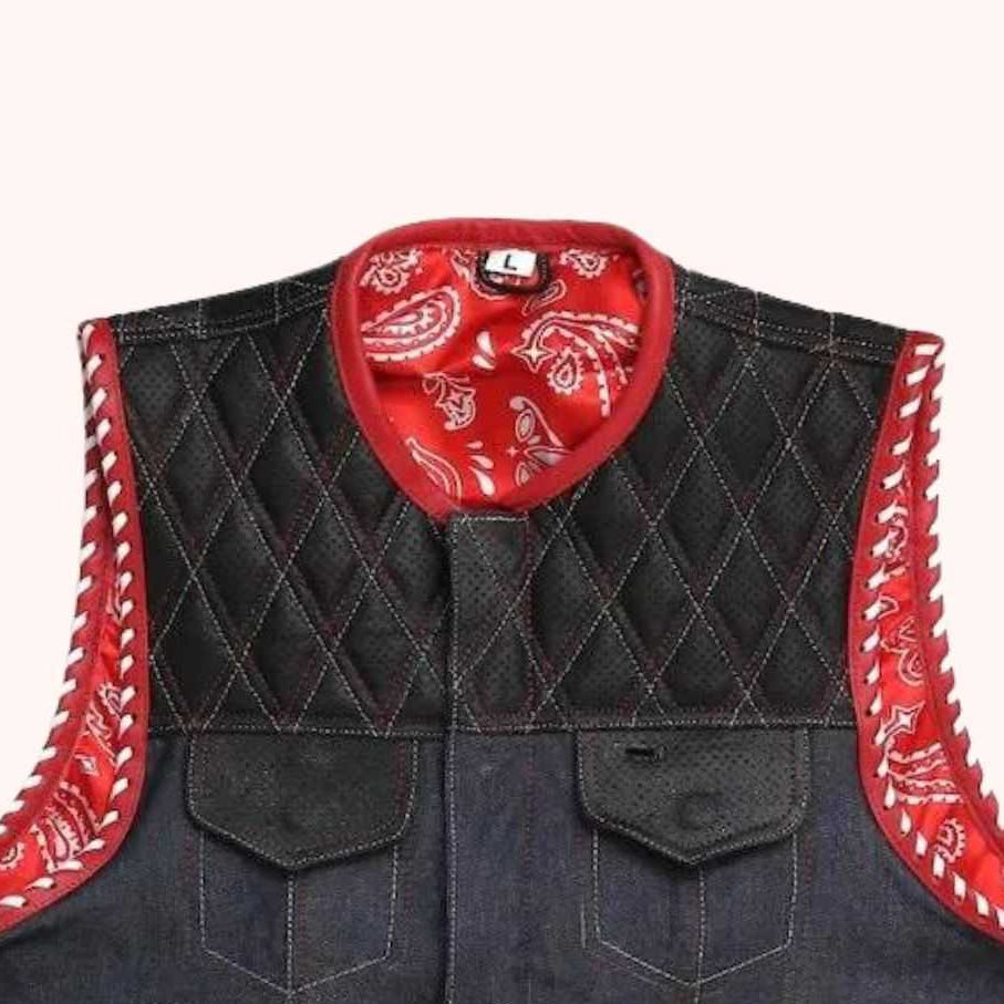 Denim motorcycle vest with red paisley liner