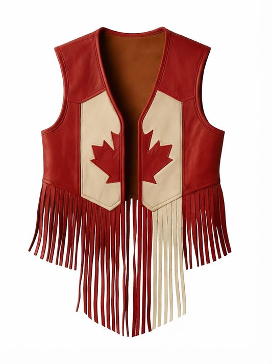 Canadian Flag Leather Fringe Vest: Unisex Western Rodeo Outfit
