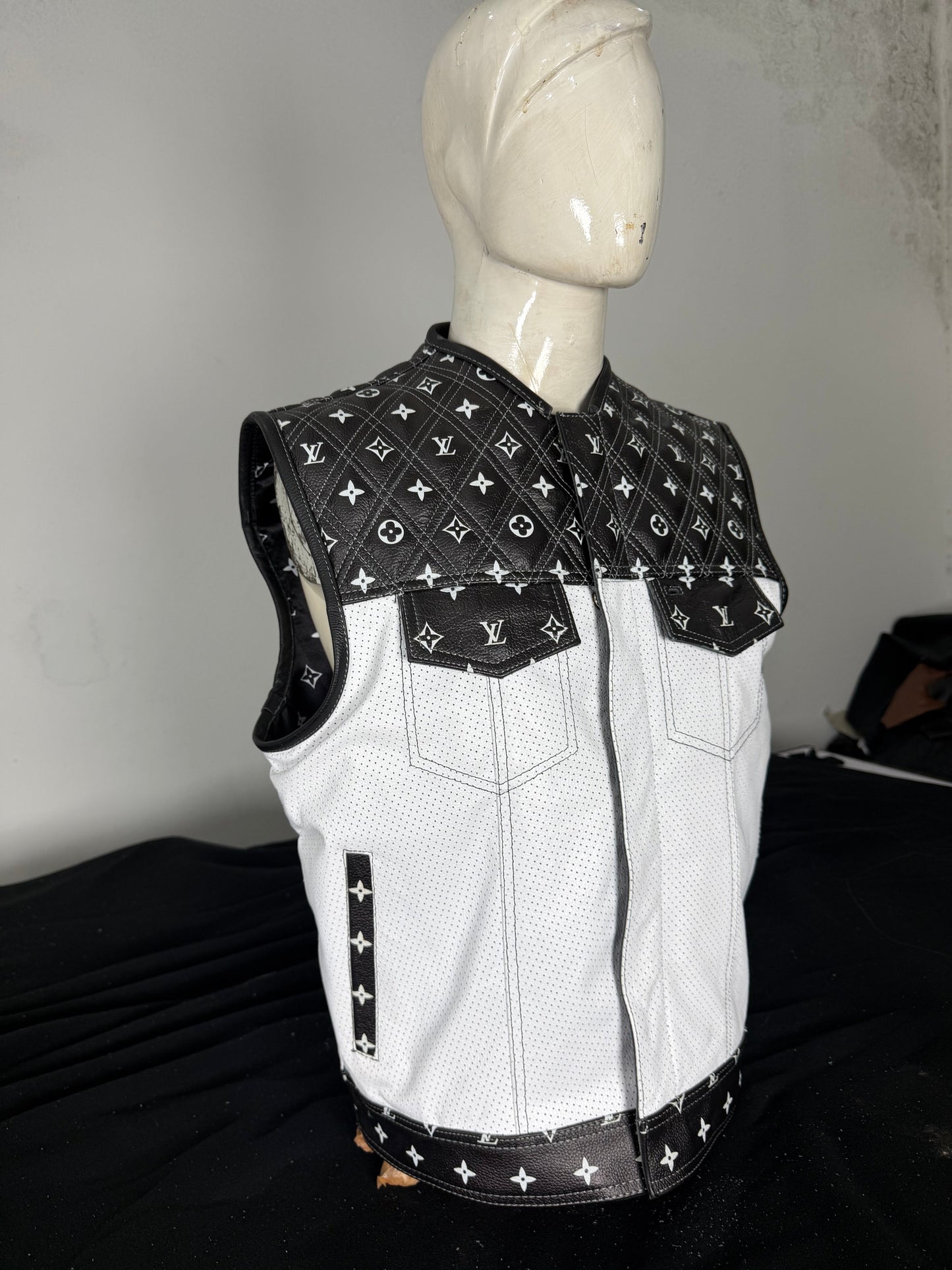 Premium Mens Black & White perforated Leather Biker Vest