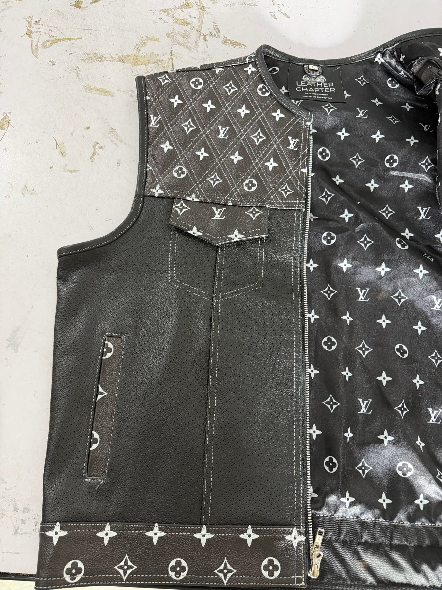 Premium Black Leather Biker Vest – Quilted Monogram Design