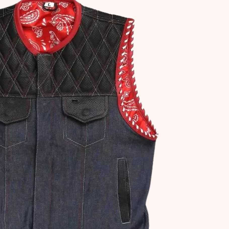 Men's denim biker vest front view