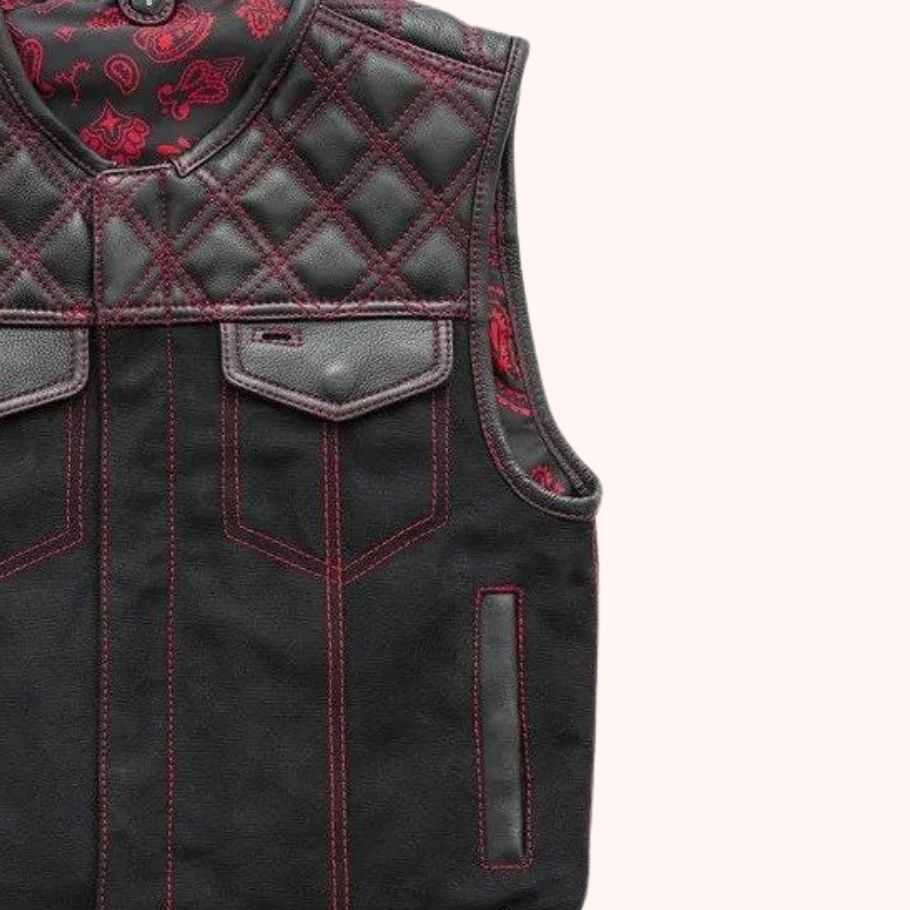 Men's leather denim biker vest front view