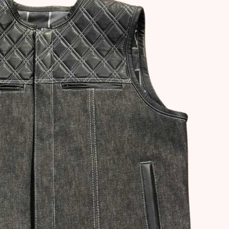 Distressed denim vest with conceal-carry pockets