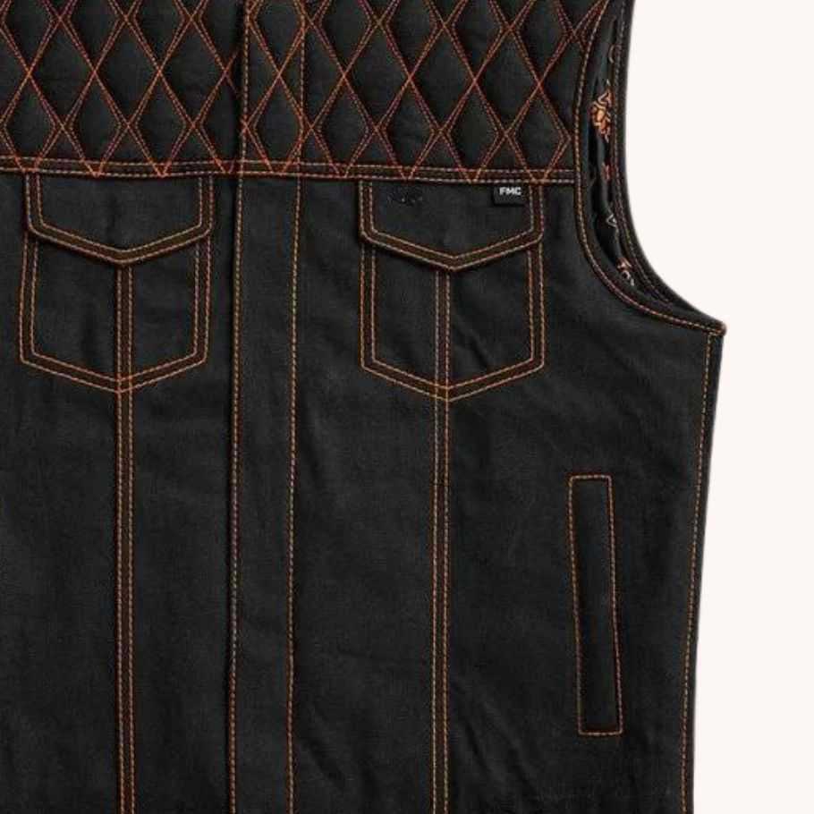 Men's worn-in denim biker vest front view