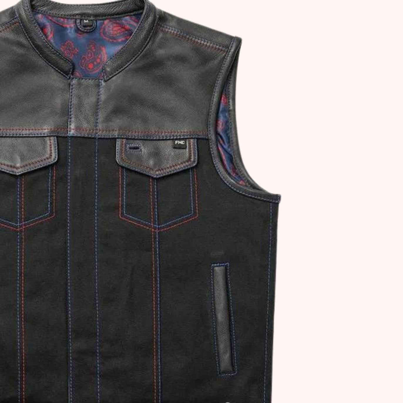 Men's biker vest with navy paisley liner