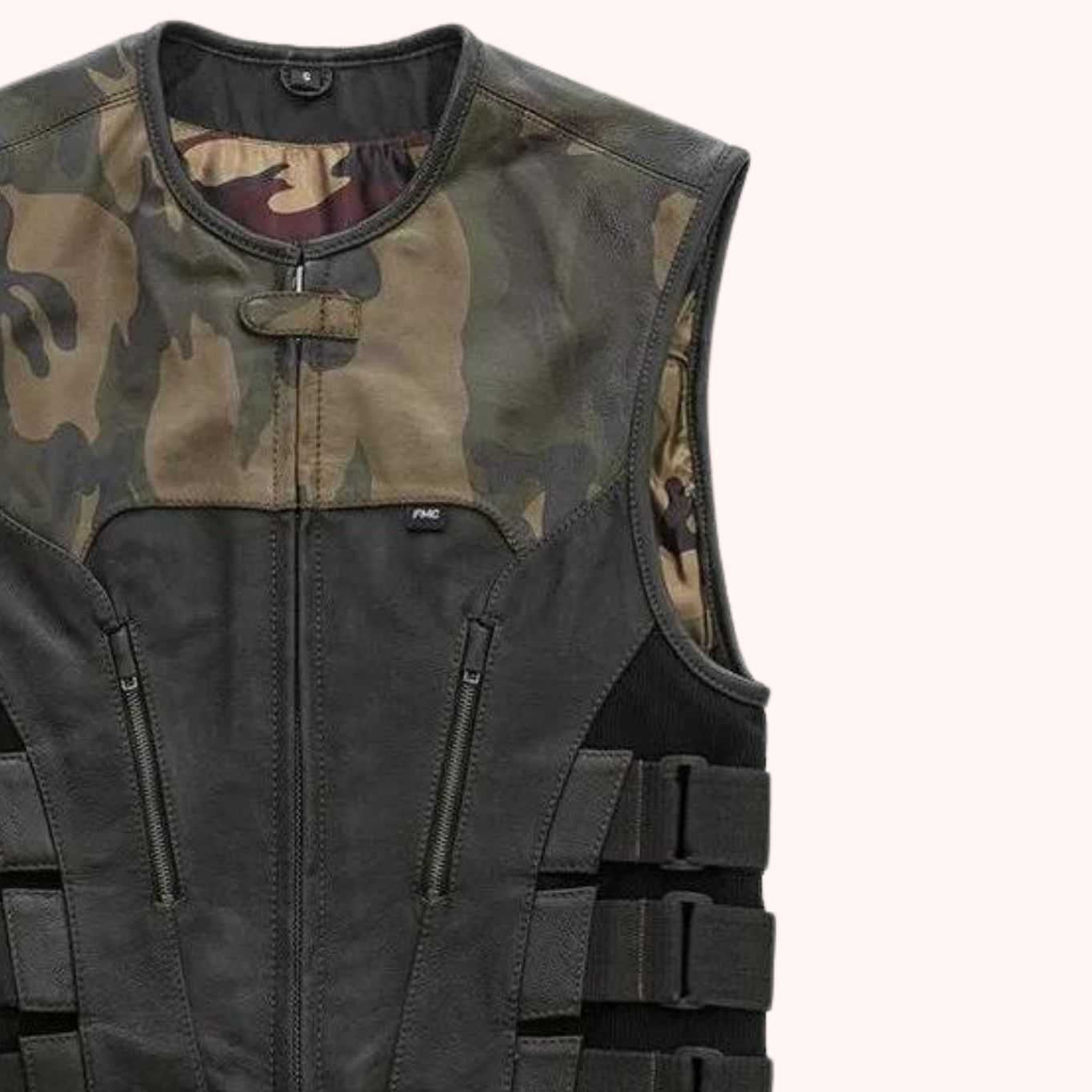 Men's camo shoulder leather vest front view