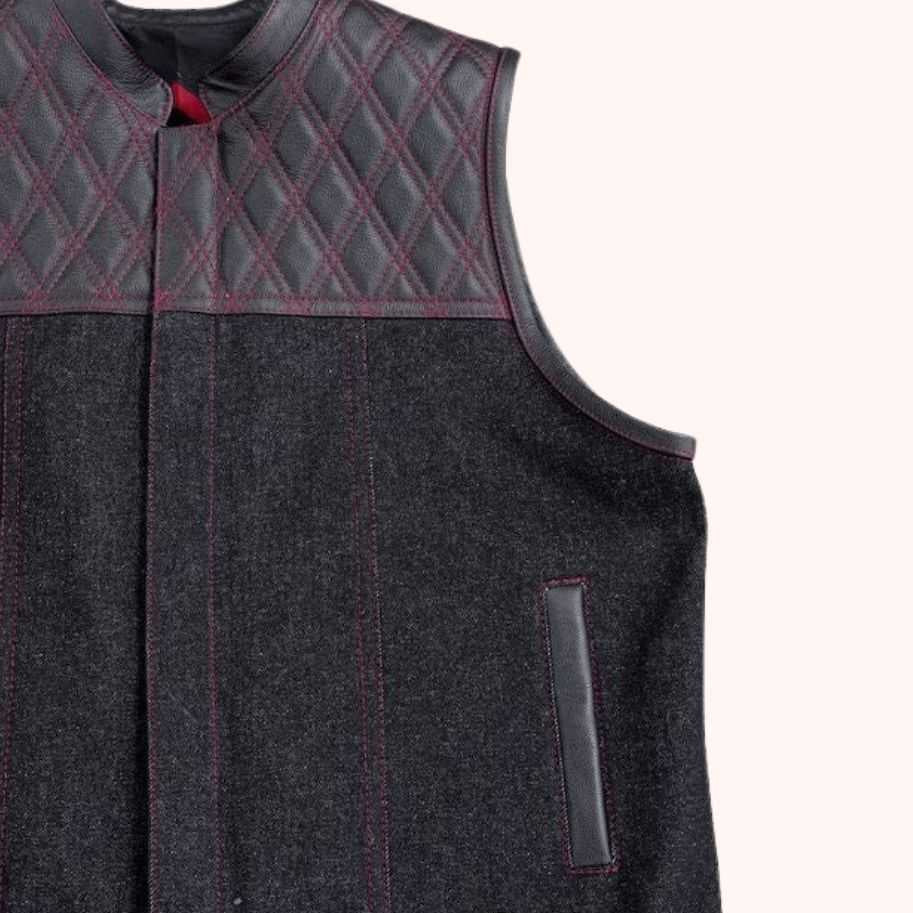 Men's black denim biker vest front view