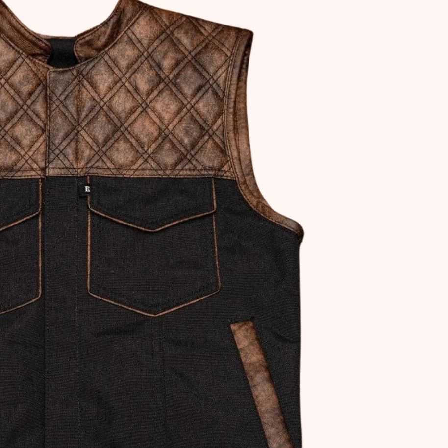 Canvas motorcycle vest with brown leather borders