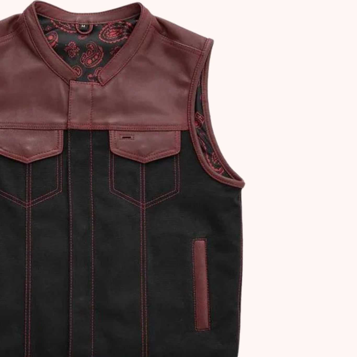 Men's oxblood leather canvas vest front view