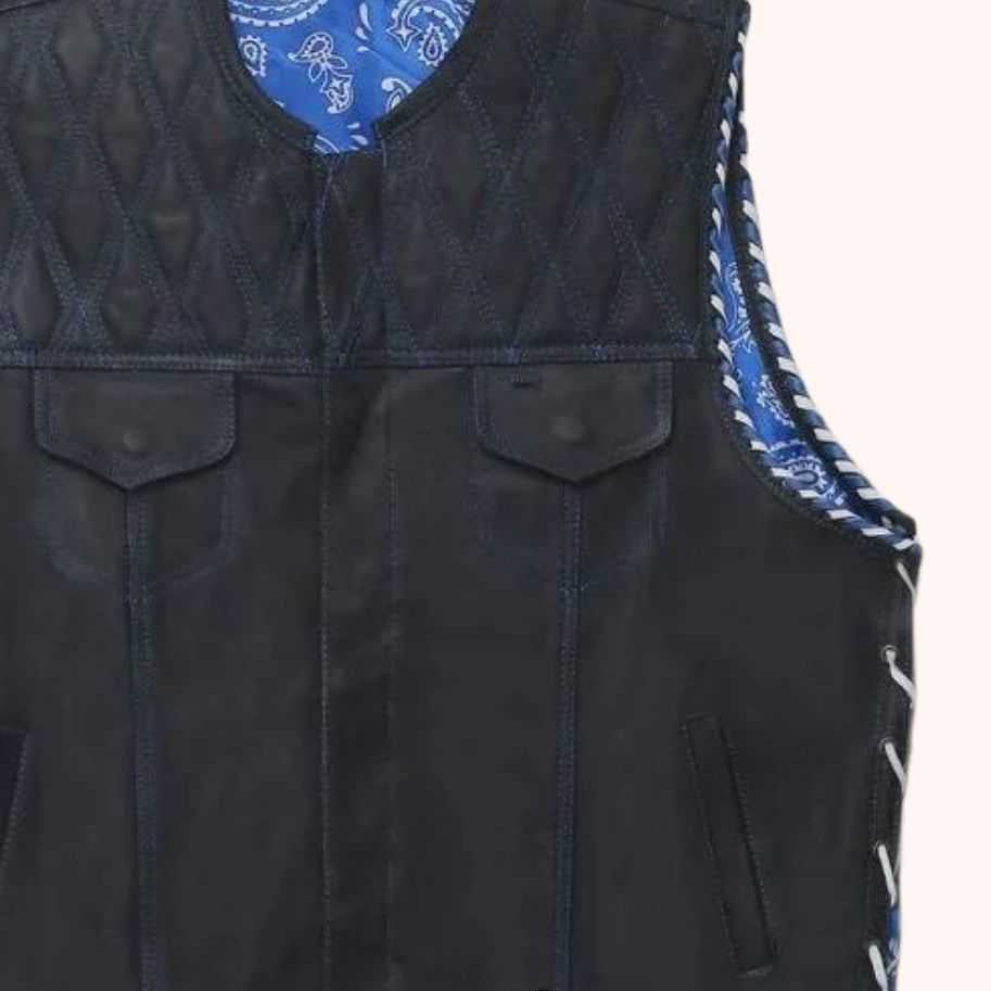 Men's blue leather biker vest front view