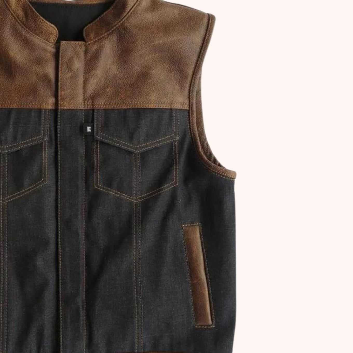 Diamond cowhide leather shoulder denim vest