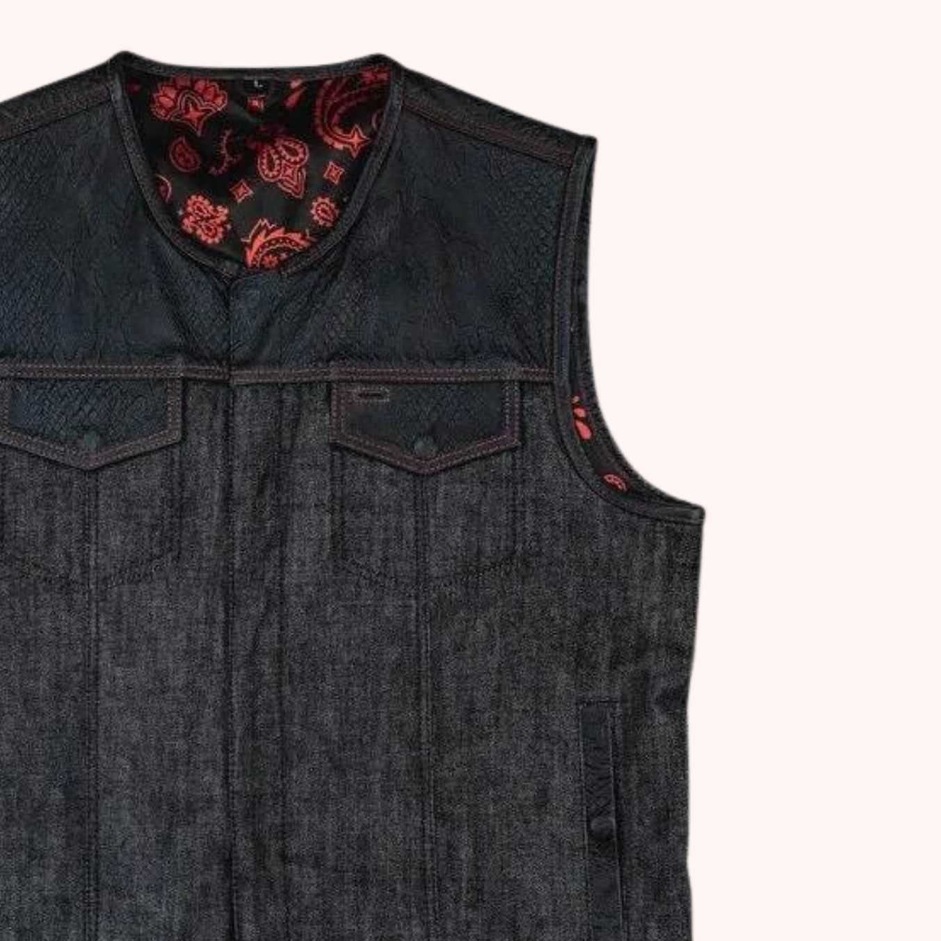 Men's ember denim biker vest front view