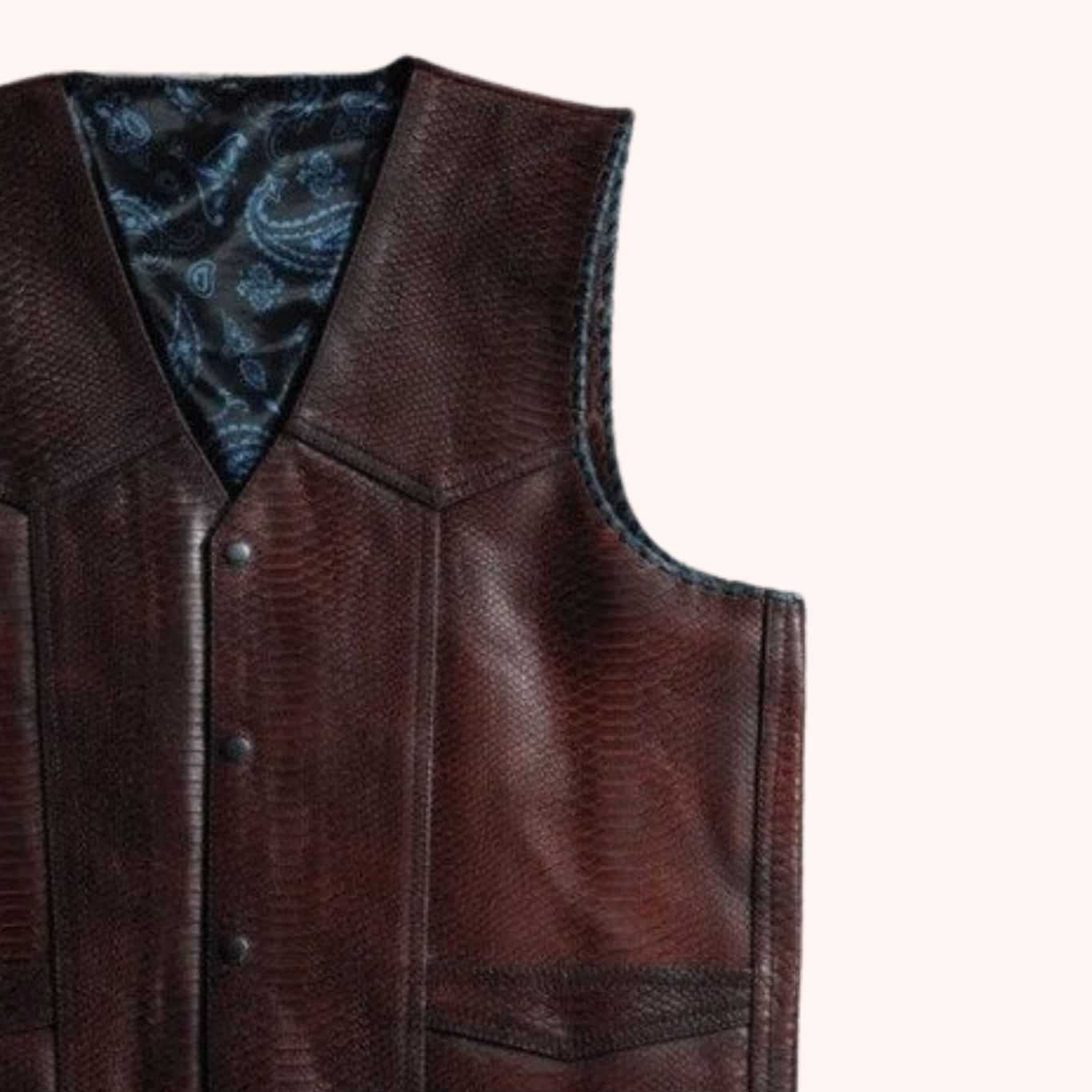 Men's maroon leather vest front view