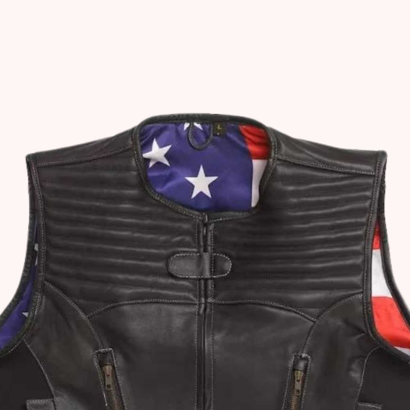 Men's black leather biker vest front view