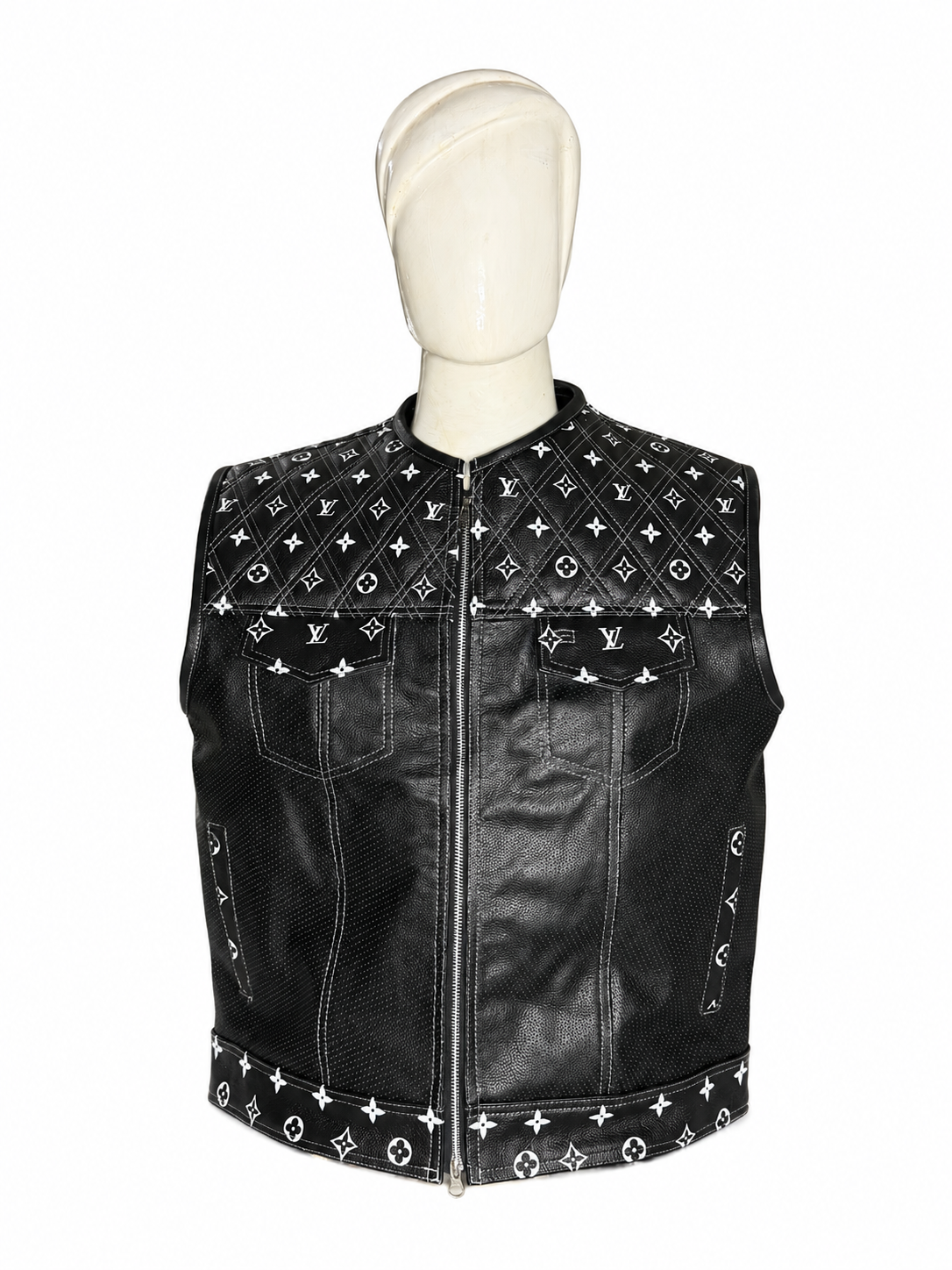 Premium Black Leather Biker Vest – Quilted Monogram Design