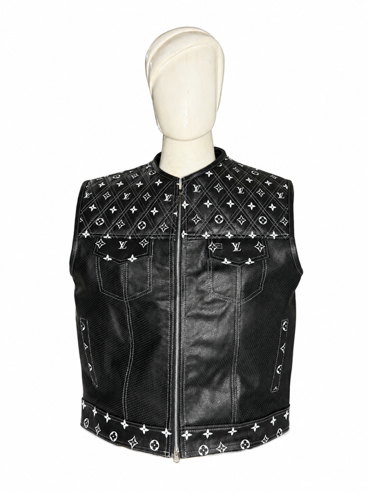 Premium Black Leather Biker Vest – Quilted Monogram Design