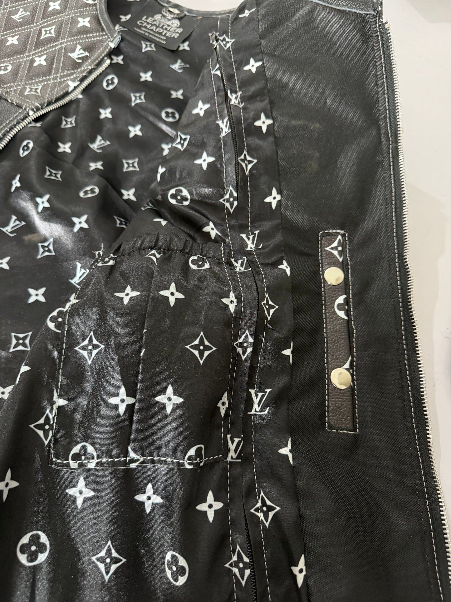 Premium Black Leather Biker Vest – Quilted Monogram Design