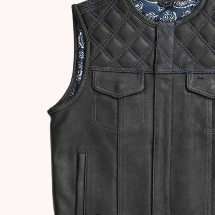 Men's quilted leather biker vest detail