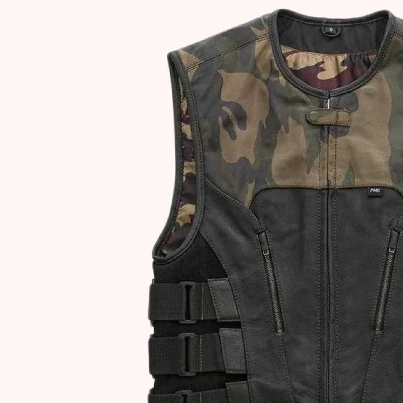Distressed leather biker vest detail