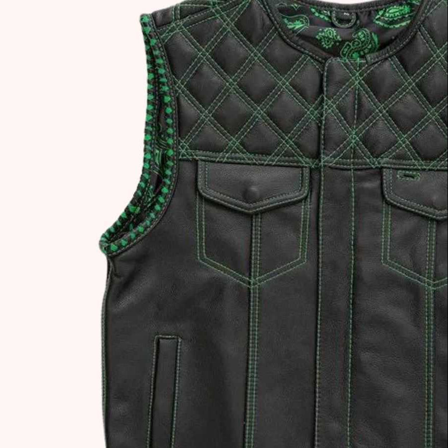 Leather vest with green paisley liner