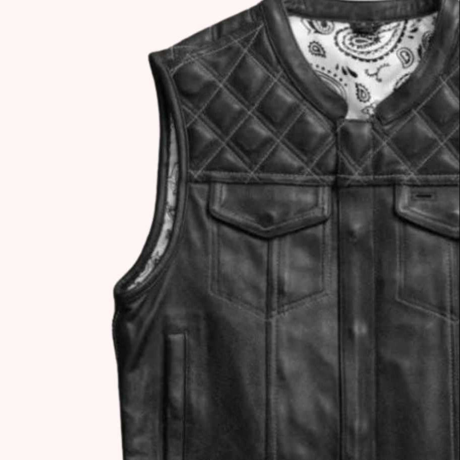 Men's quilted cowhide biker vest detail