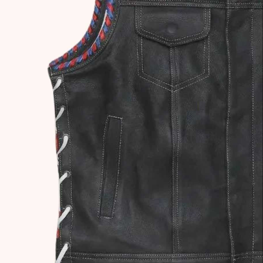 Cowhide leather vest with red and blue arm wrap