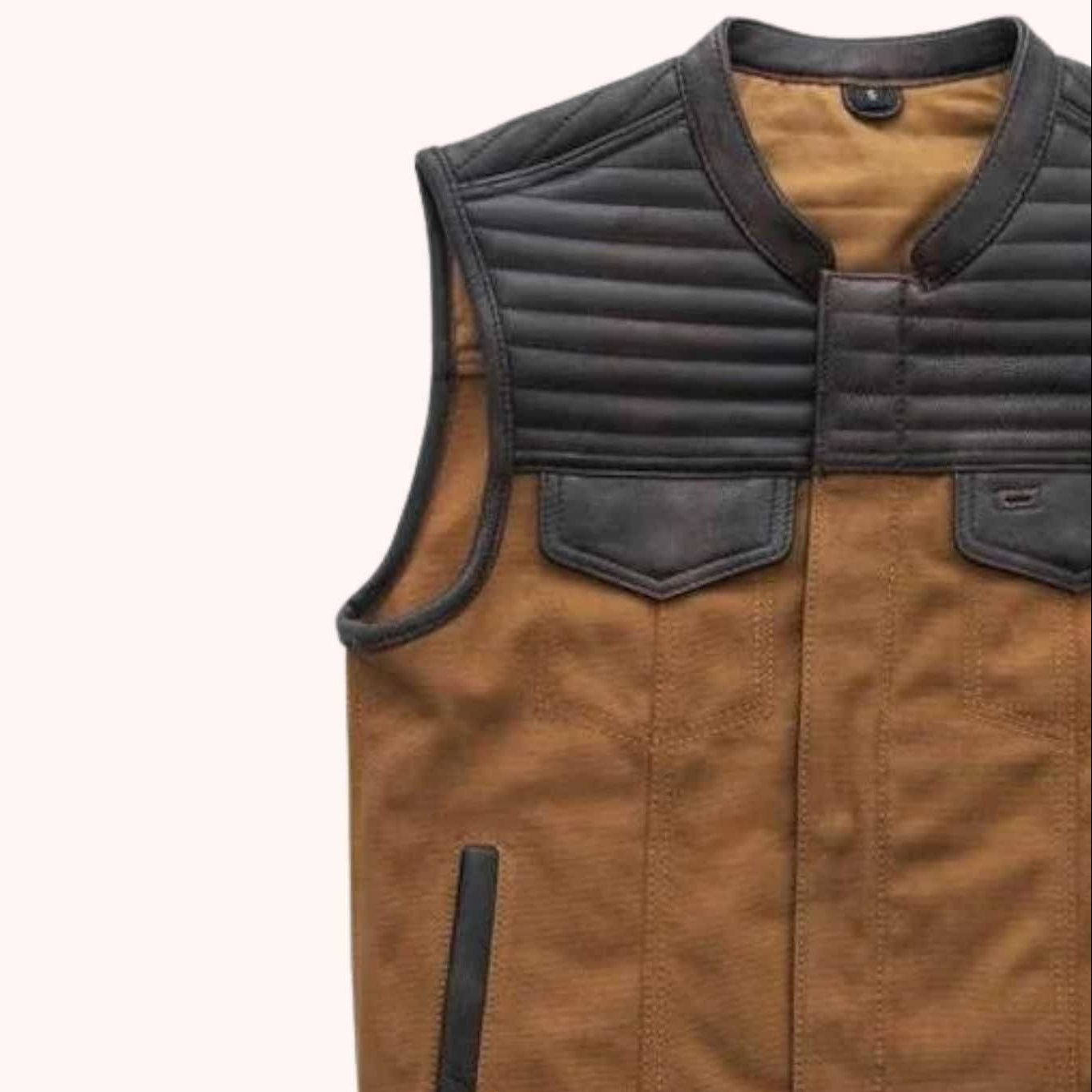 Brown distressed leather riding vest detail