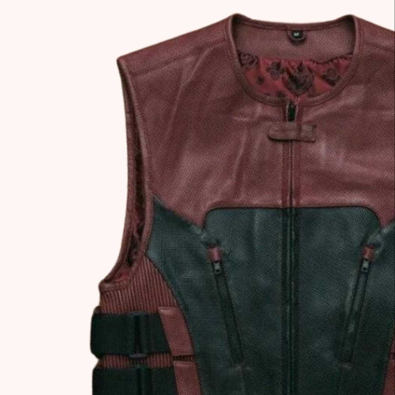 Men's black leather biker vest detail