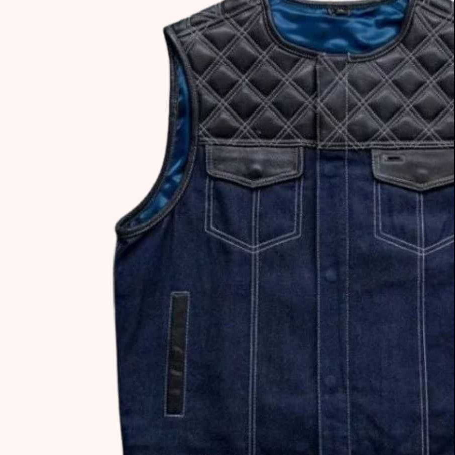 Men's denim biker vest detail