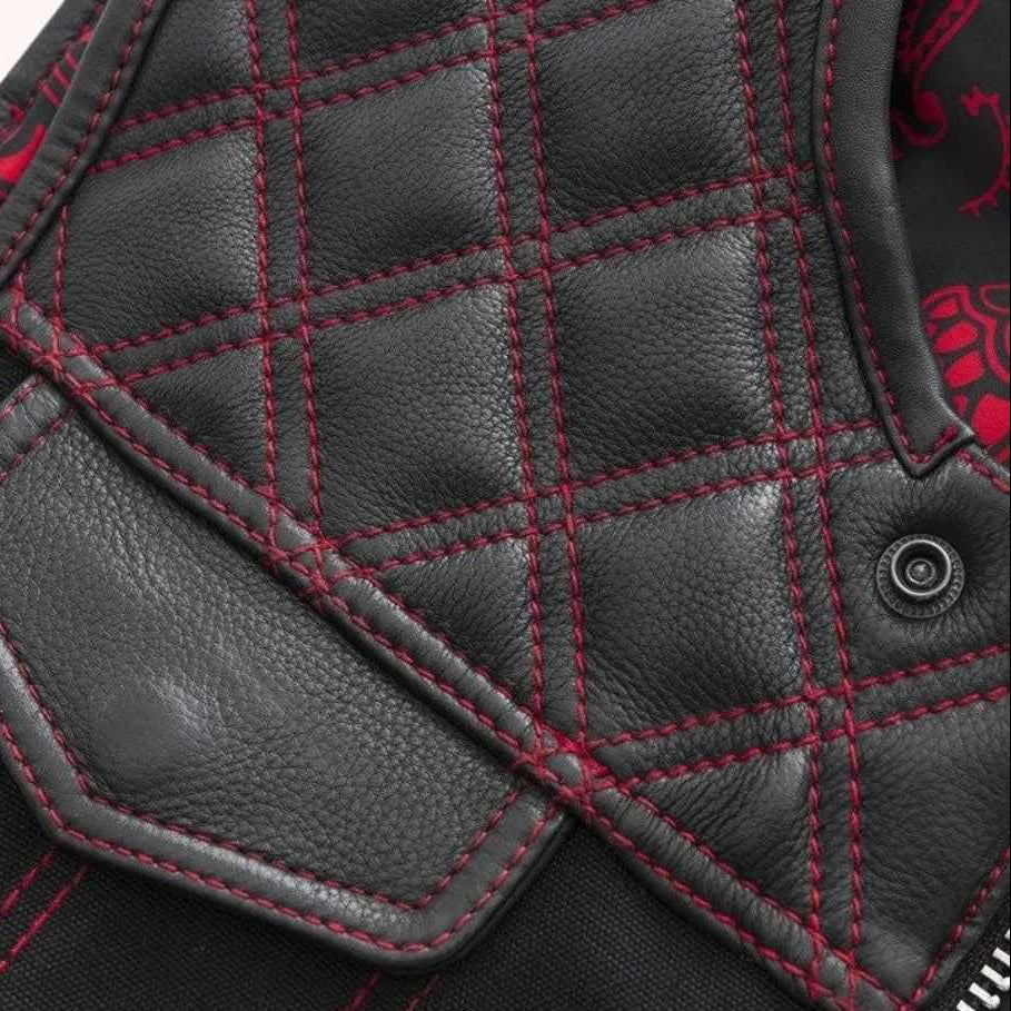 Leather denim riding vest detail