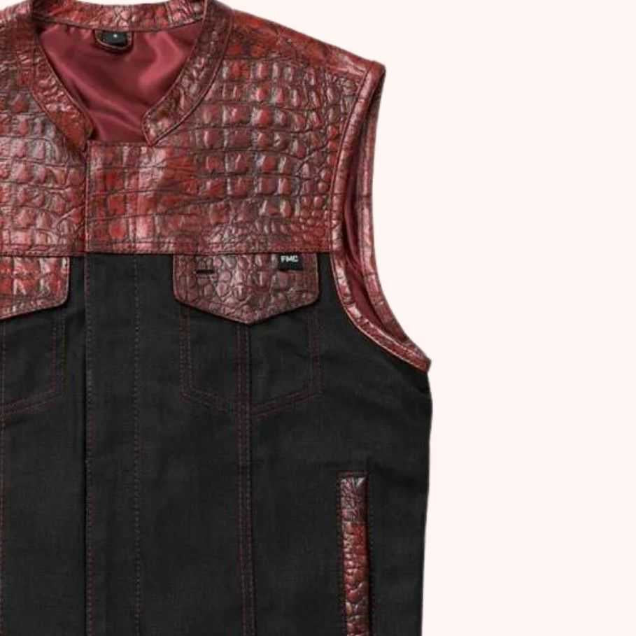 Denim riding vest with red stitching detail